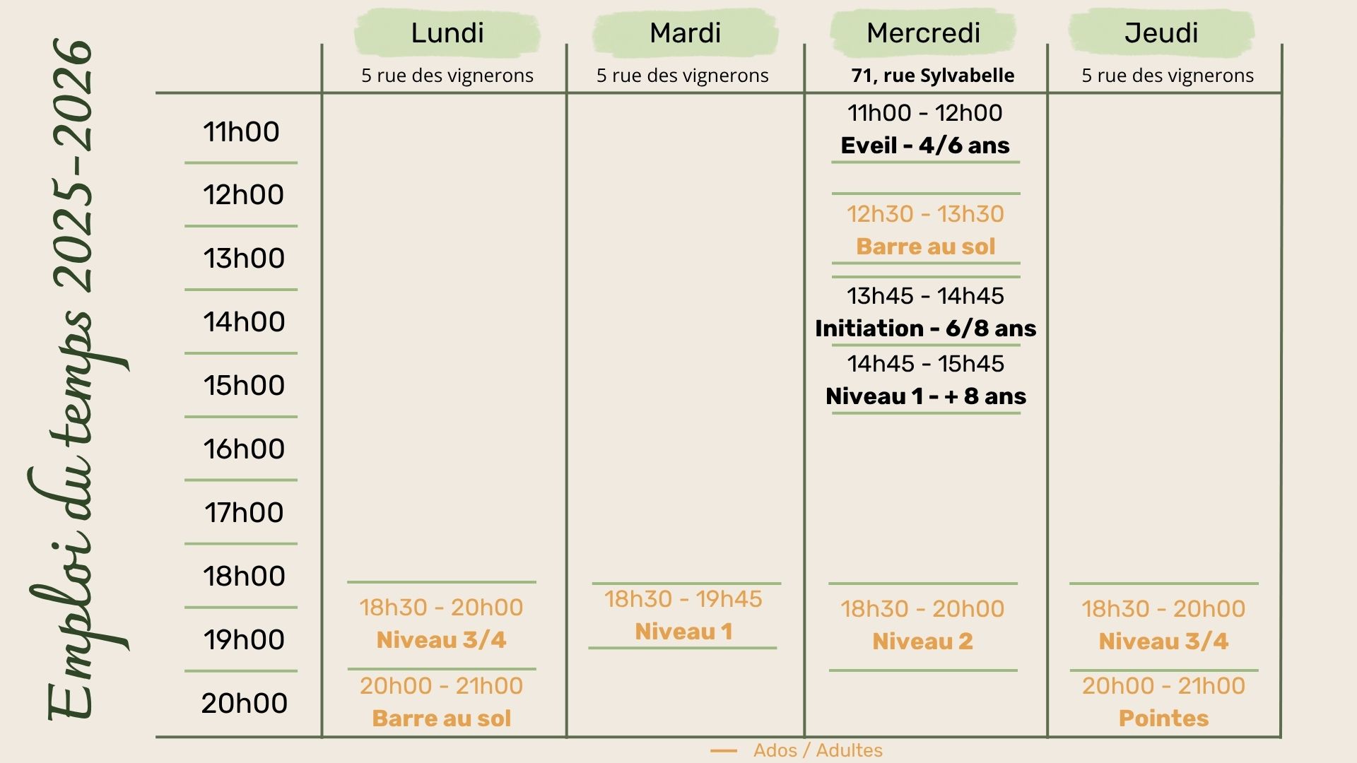 planning planning des cours
